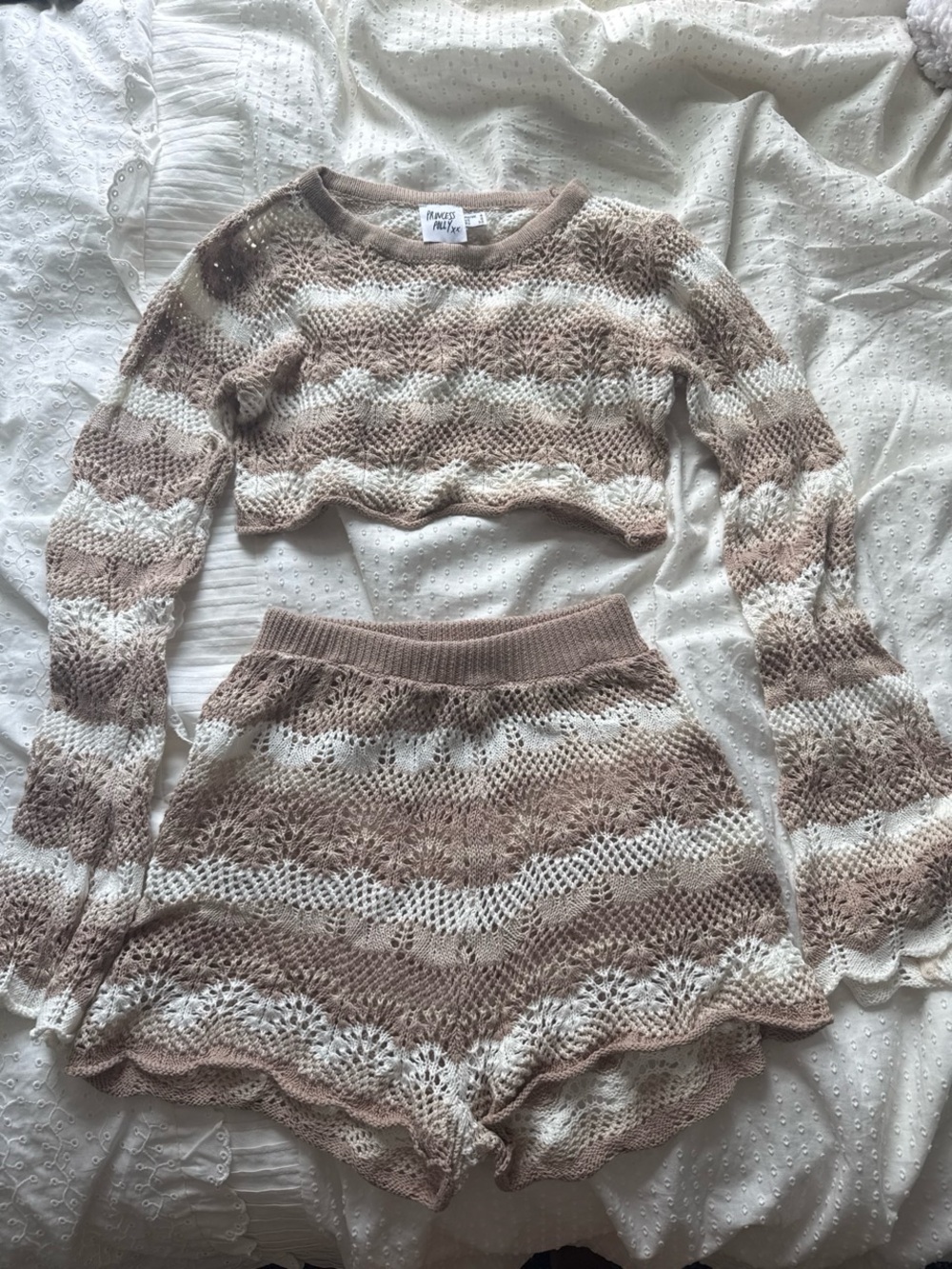 Princess Polly Cropped Crochet Shorts Set in Beige and White
